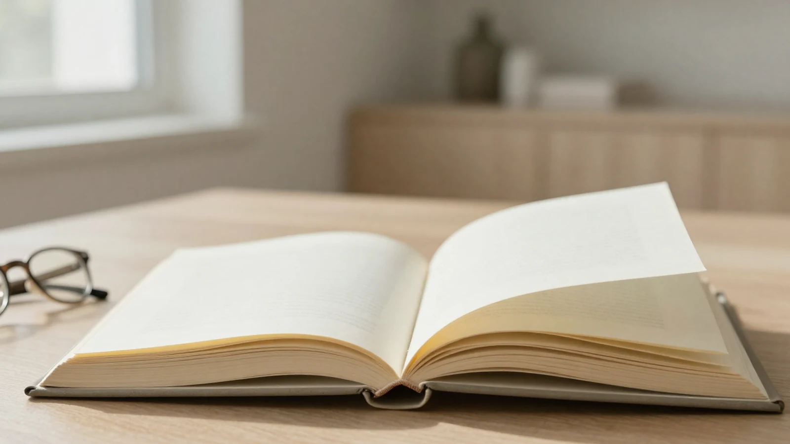 Libro abierto con páginas en blanco y gafas sobre mesa, ambiente de lectura tranquilo.