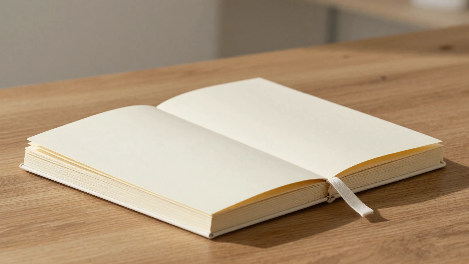 Cuadernos editoriales en blanco con marcapáginas sobre mesa de madera.