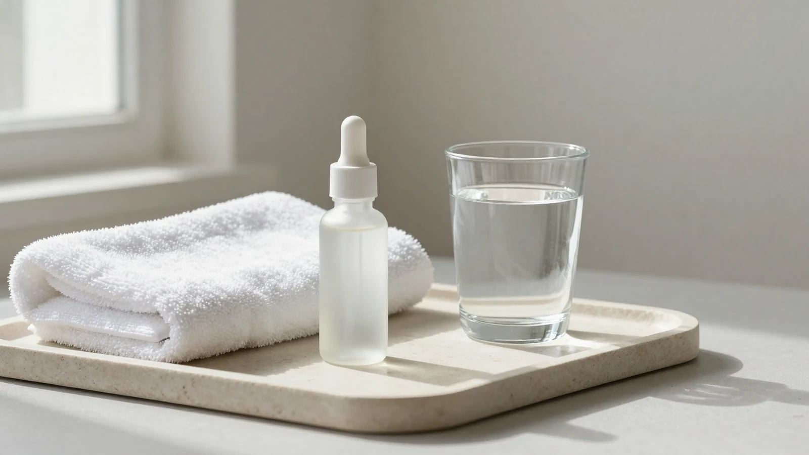 Bodegón editorial con toalla, gotero sin etiqueta y agua, ambiente de planificación de tratamiento facial.